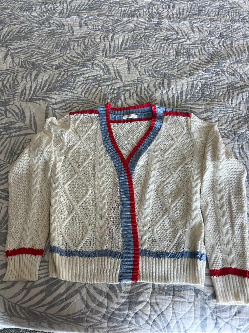 Current Air Cream Cable Knit Cardigan with Red and Blue Trim